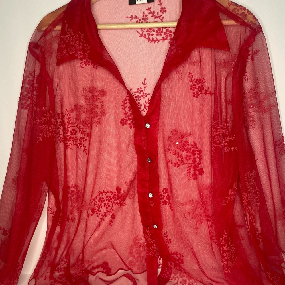 Sheer Red Floral Button-Up Blouse - Studio 1940